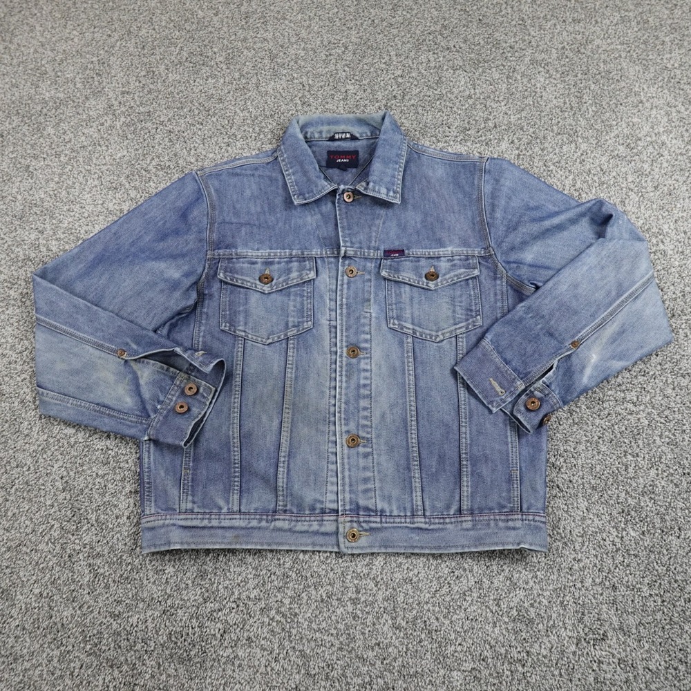 VTG Tommy Hilfiger Jacket Mens M Blue Denim Western Trucker Grunge Fade 90s Y2K